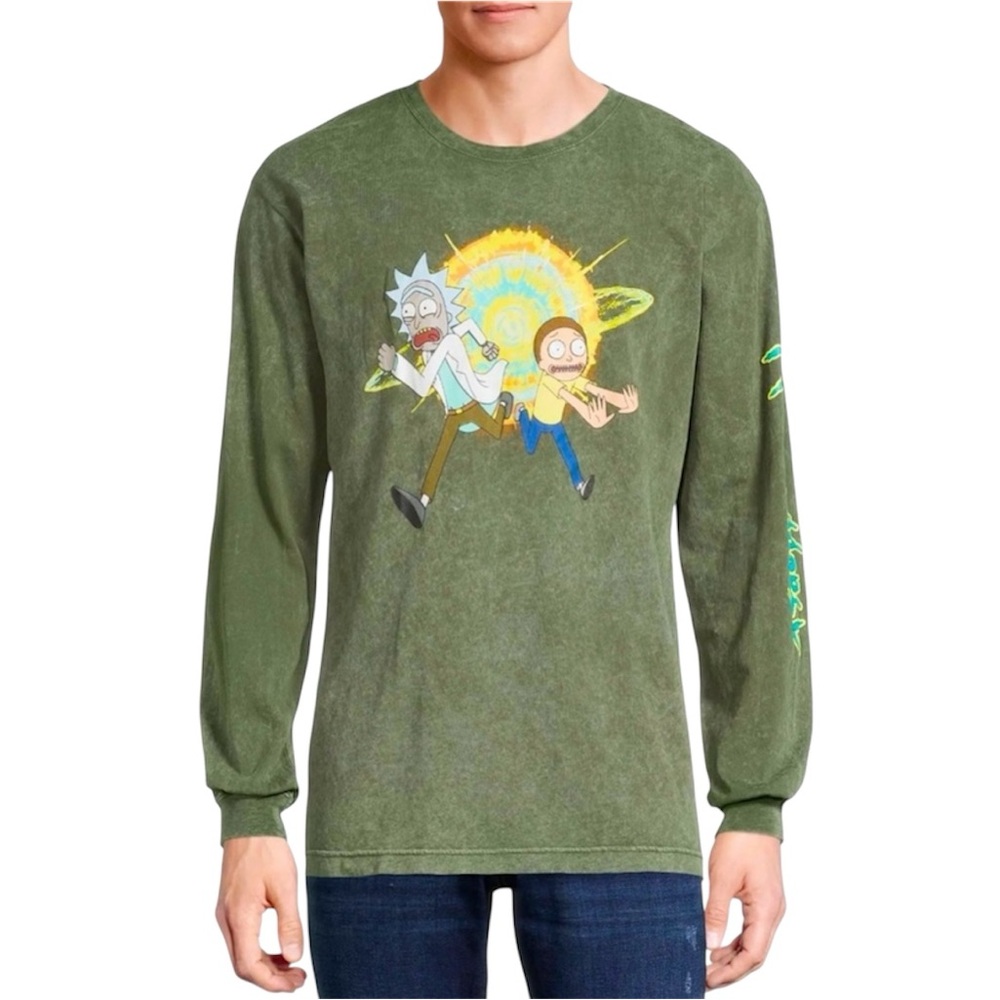 Rick & Morty Casual Green Crewneck Long Sleeve Graphic Print Pullover T-Shirt - Picture 1 of 9